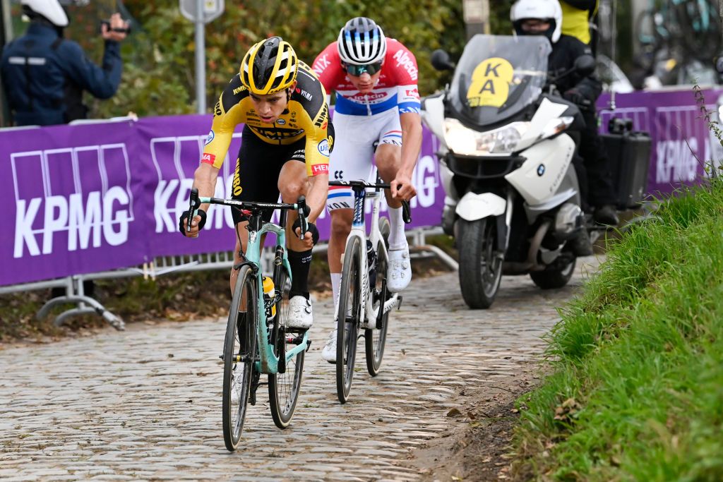 Belgian Wout Van Aert of Team JumboVisma and Dutch Mathieu van der Poel of AlpecinFenix pictured in action during the Ronde van Vlaanderen Tour des Flandres Tour of Flanders one day cycling race 241 km from Antwerp to Oudenaarde Sunday 18 October 2020 BELGA PHOTO POOL NICO VEREECKEN Photo by POOL NICO VEREECKENBELGA MAGAFP via Getty Images