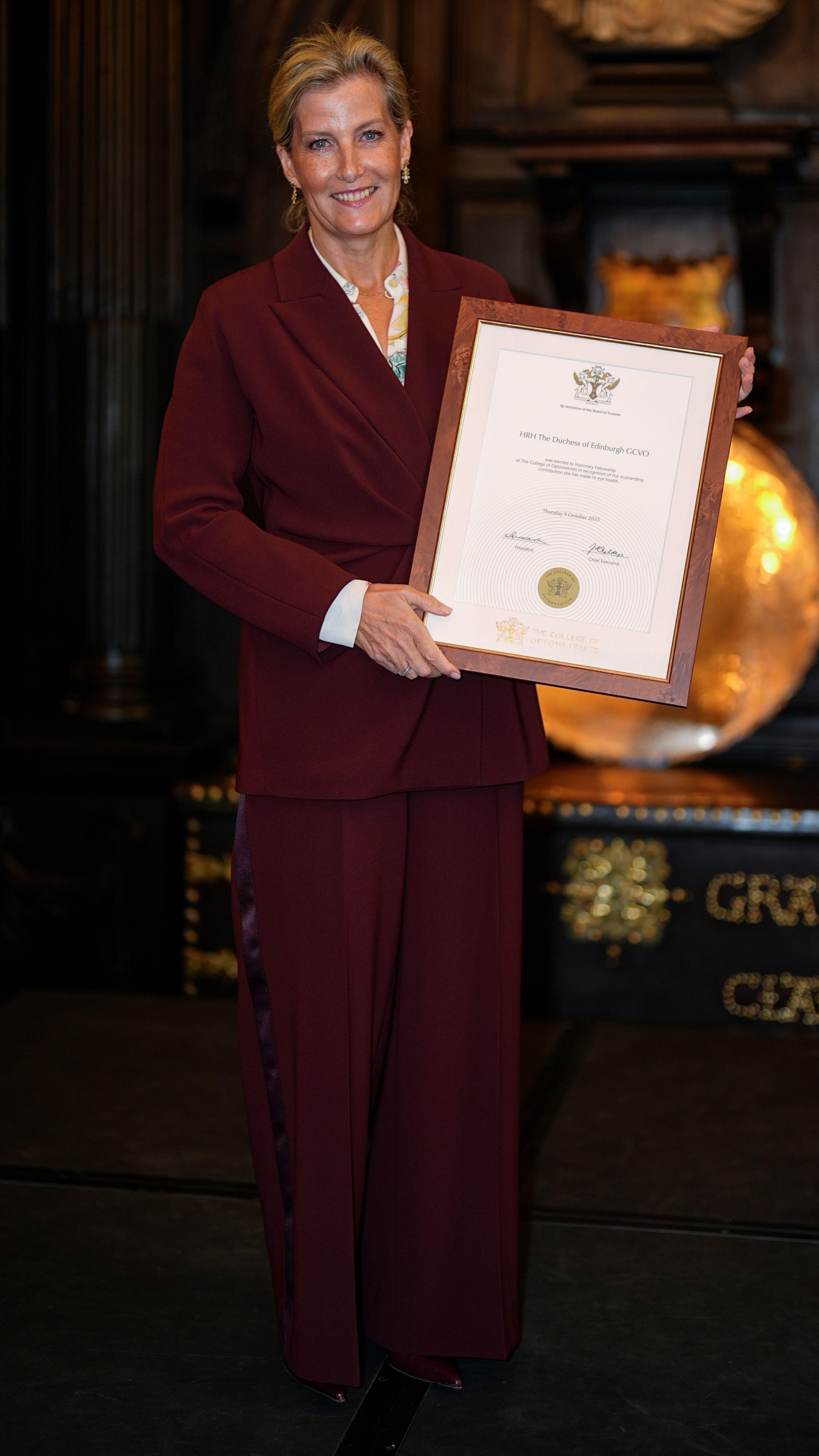 The Duchess of Edinburgh is presented with an Honorary Fellowship during a visit to the College of Optometrists at Apothecaries Hall in central London. Picture date: Thursday October 9, 2025
