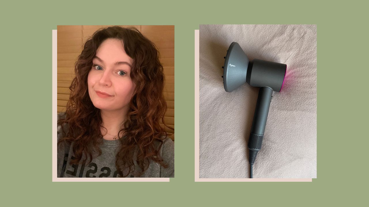 how to blow dry curly hair: Collage image showing writer Lucy&#039;s curly hair and her hair dryer, the Dyson Supersonic 