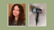 how to blow dry curly hair: Collage image showing writer Lucy's curly hair and her hair dryer, the Dyson Supersonic 