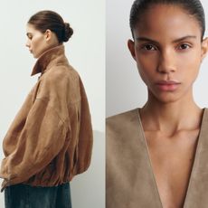 models side by side, from H&M, Cos wearing suede jackets