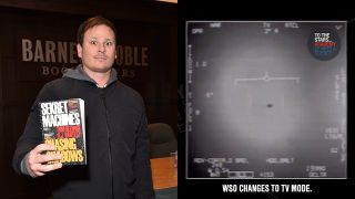 a shot of Tom DeLonge and a still from his UFO video