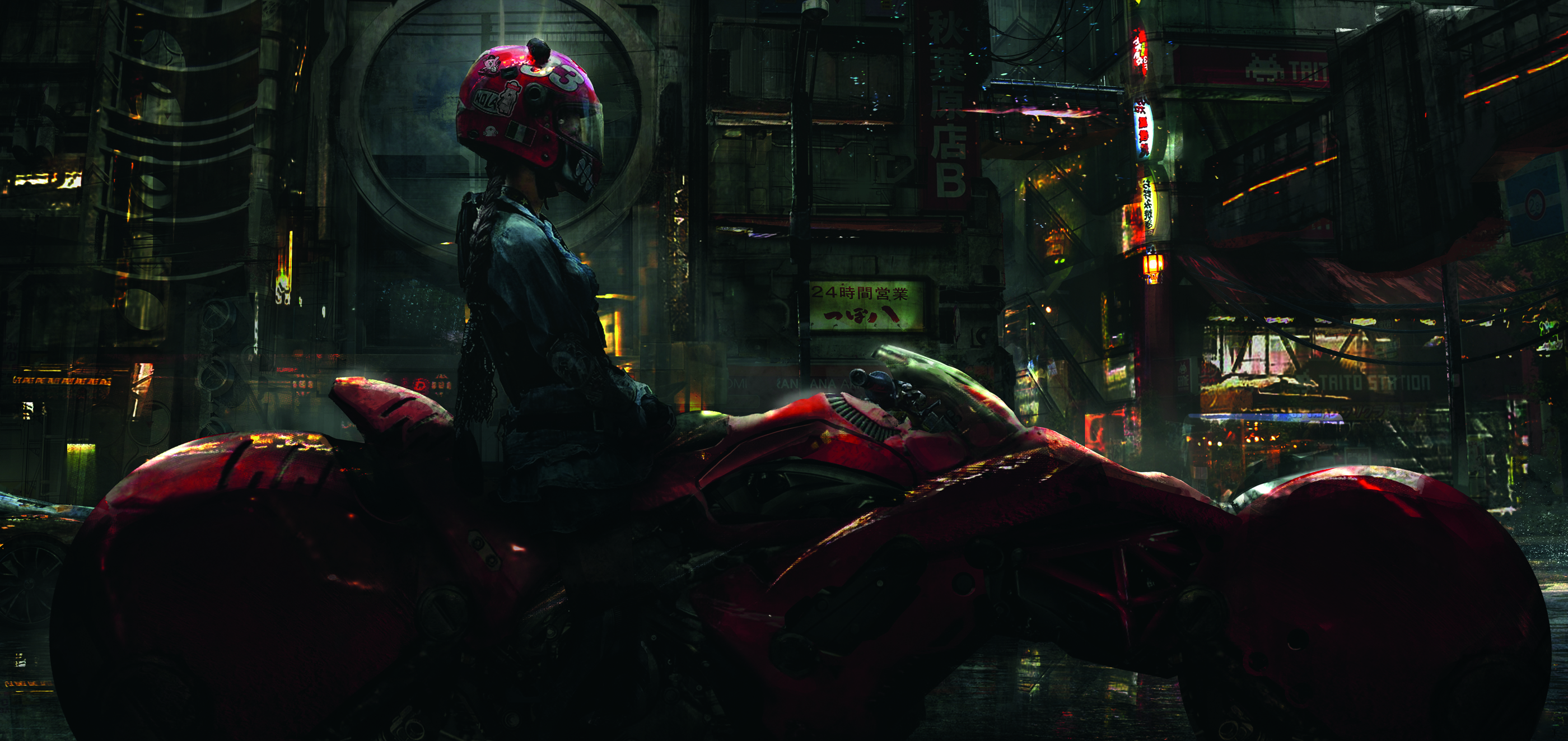 Digital art in progress showing a biker girl in a dark cityscape