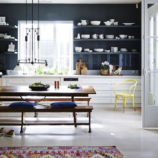 kitchen with black kitchen shelves