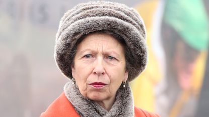 Princess Anne, wearing an orange coat and faux fur hat and scarf, during day 4 of the Cheltenham Festival 2015