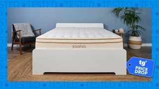 A Saatva Classic mattress on a bed frame in the Tom's Guide Sleep Studio. A blue border saying 'tested' surrounds it. There's a Tom's Guide price drop deals badge in the bottom right corner