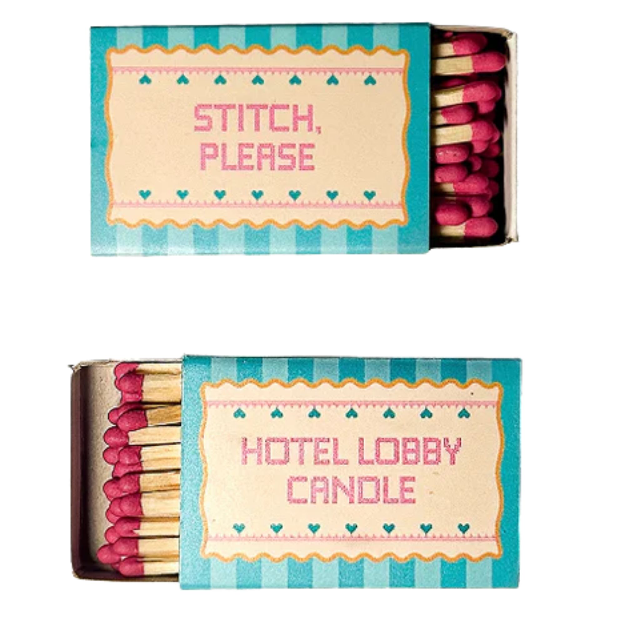 Hotel Lobby x Anthropologie Needlepoint Matchbox Duo in decorative striped blue boxes with pink text