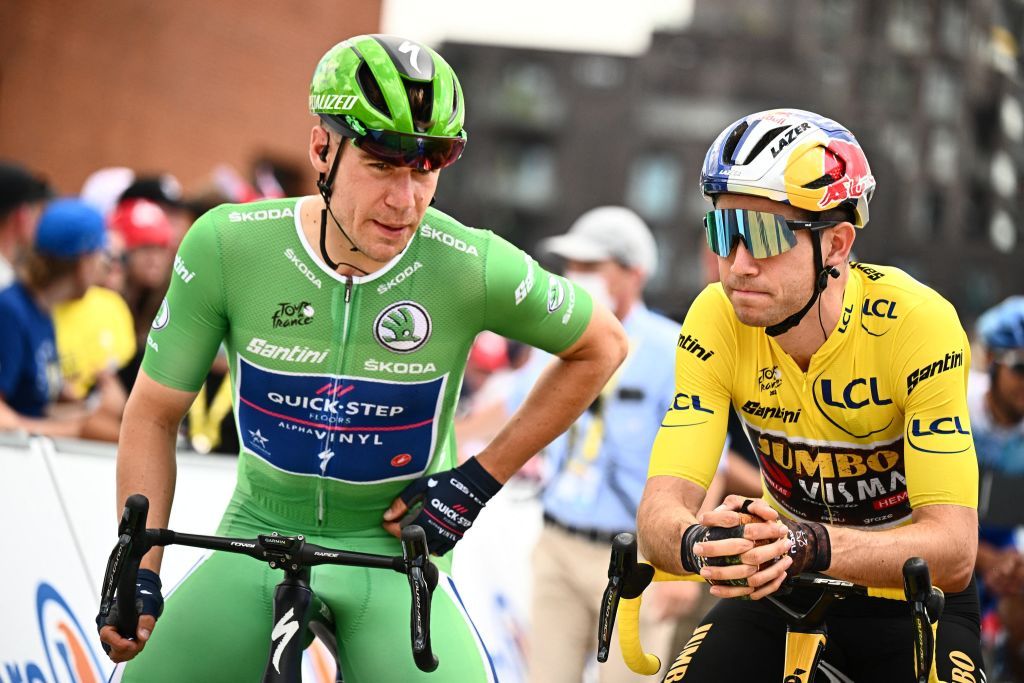 Dutch Fabio Jakobsen of QuickStep Alpha Vinyl and Belgian Wout Van Aert of Team JumboVisma pictured at the start of stage three of the Tour de France cycling race 182km from Vejle to Sonderborg Denmark on Sunday 03 July 2022 This years Tour de France takes place from 01 to 24 July 2022 and starts with three stages in DenmarkBELGA PHOTO JASPER JACOBS Photo by JASPER JACOBS BELGA MAG Belga via AFP Photo by JASPER JACOBSBELGA MAGAFP via Getty Images