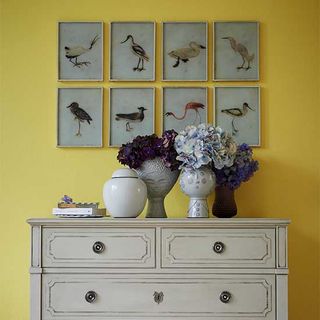 room with yellow wall and frames