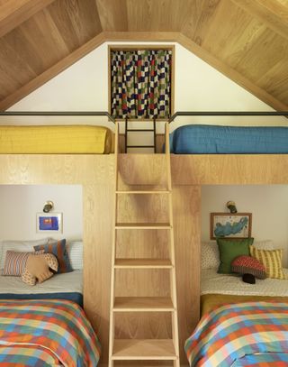 A yellow bedroom with twin bunk beds
