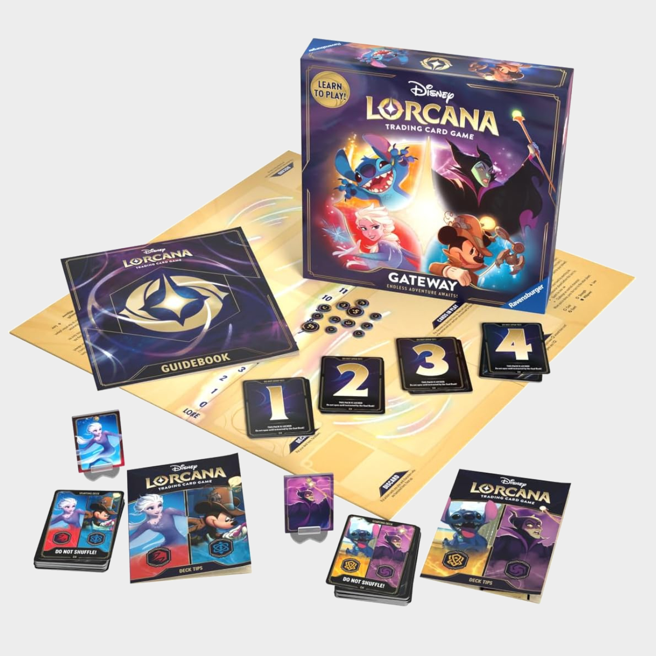 Disney Lorcana Gateway box and components laid out on a plain background