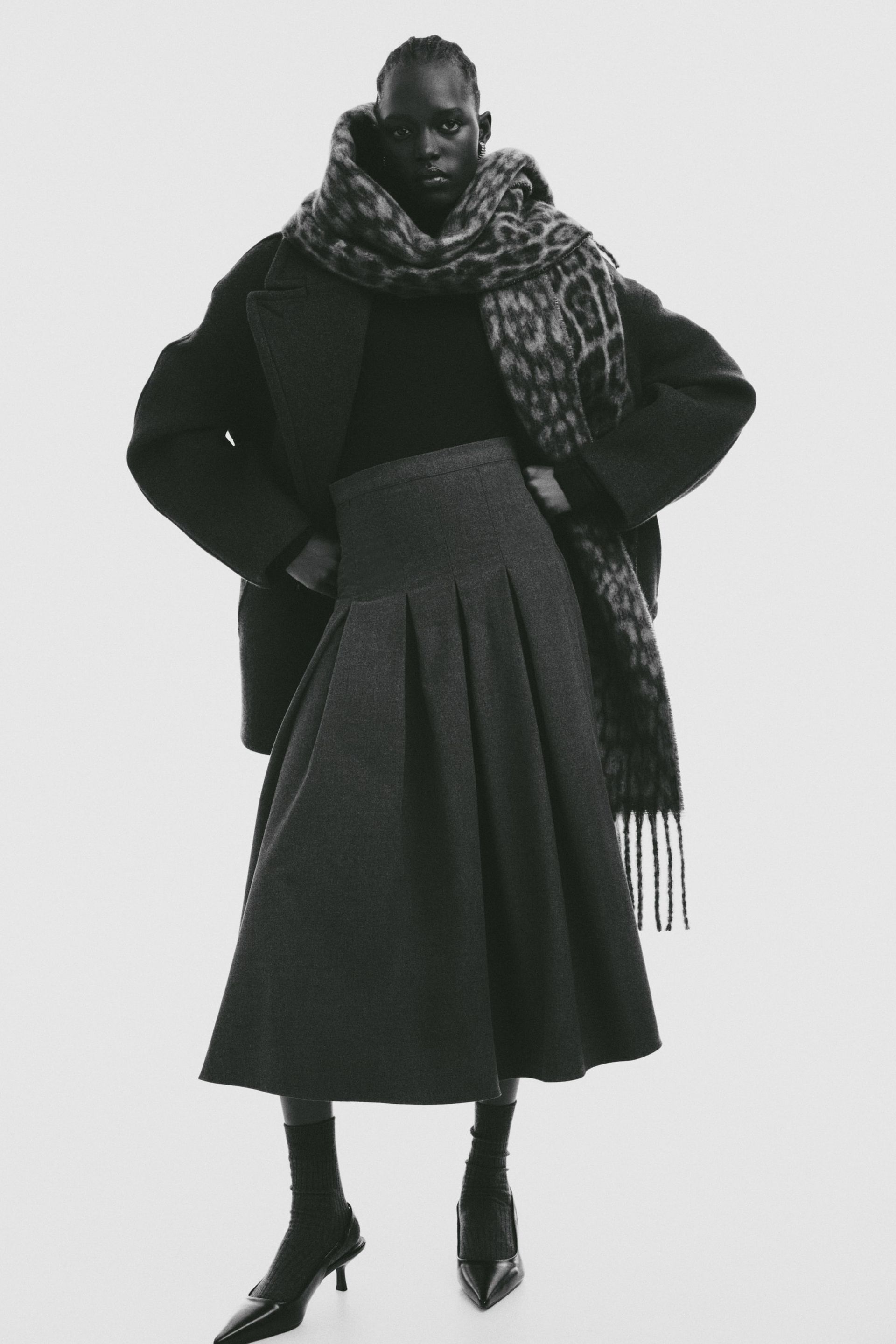 Pleated Midi Skirt - Dark Grey Marl