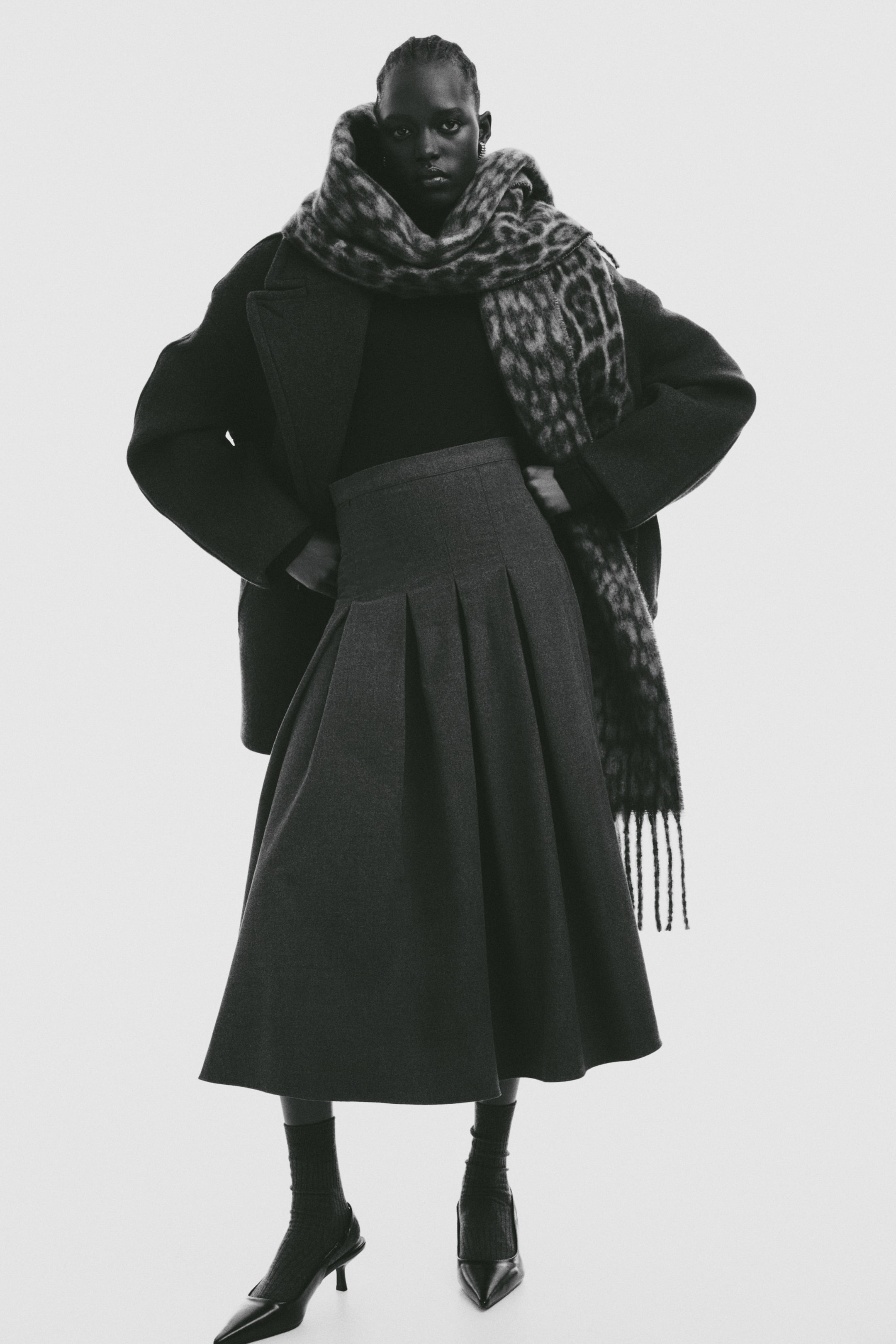 Pleated Midi Skirt - Dark Grey Marl