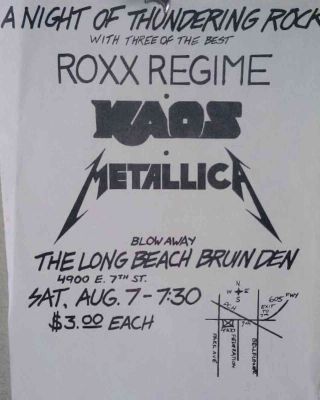 A flyer for a thrash metal gig featuring Roxx Regime, Kaos and Metallica