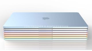 Ett gäng färgglada MacBook Air (2021) staplade ovanpå varandra.