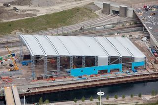 London 2012 Aquatics Centre by Zaha Hadid; The Water Polo Arena being developed behind the Aquatics Centre