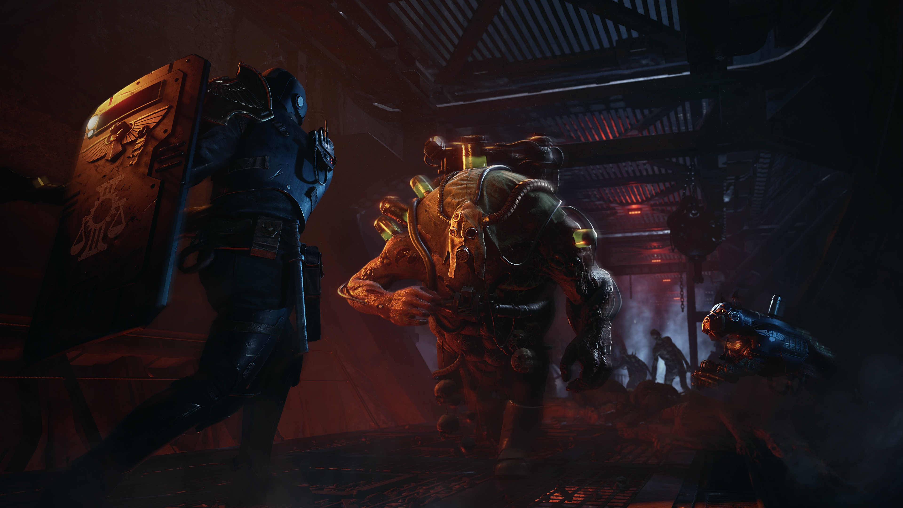 Promotional screenshot of an Arbites fighting a Nurgle daemon in Warhammer 40,000: Darktide.