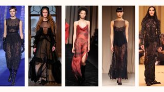 5 models on the runway wearing the sheer dress trend