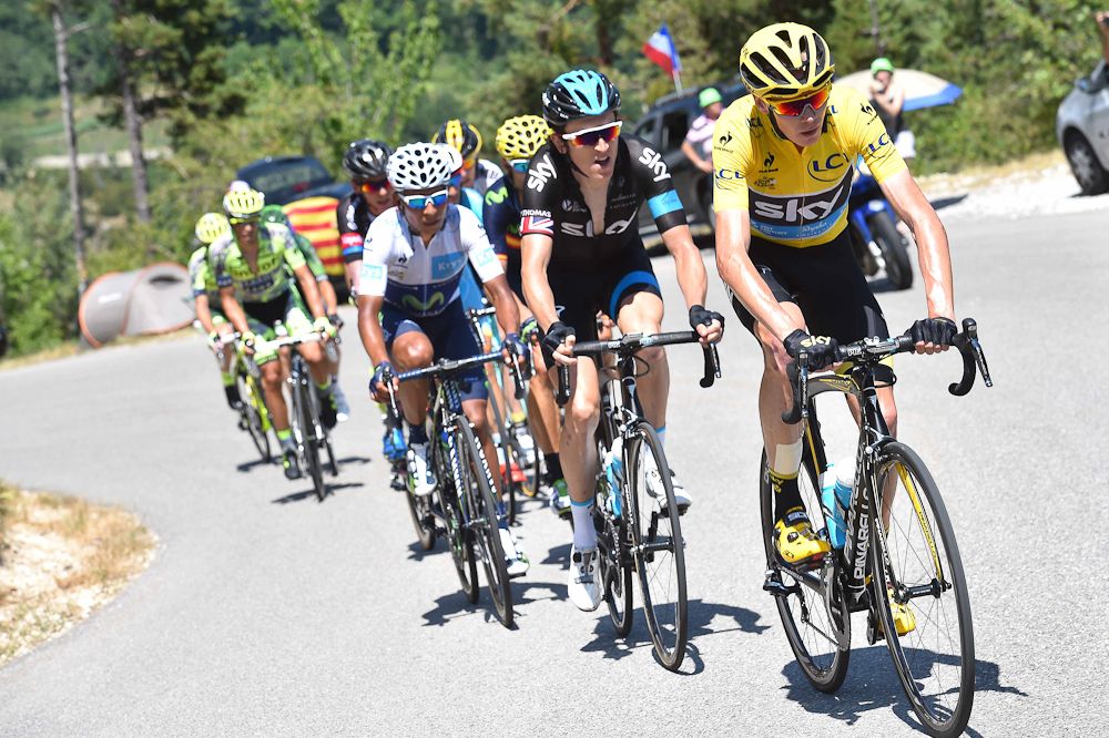 Chris Froome leads the GC group during stage 17.