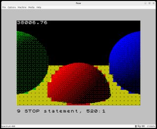A ray-traced image on the ZX Spectrum showing dithering to created shaded colour.