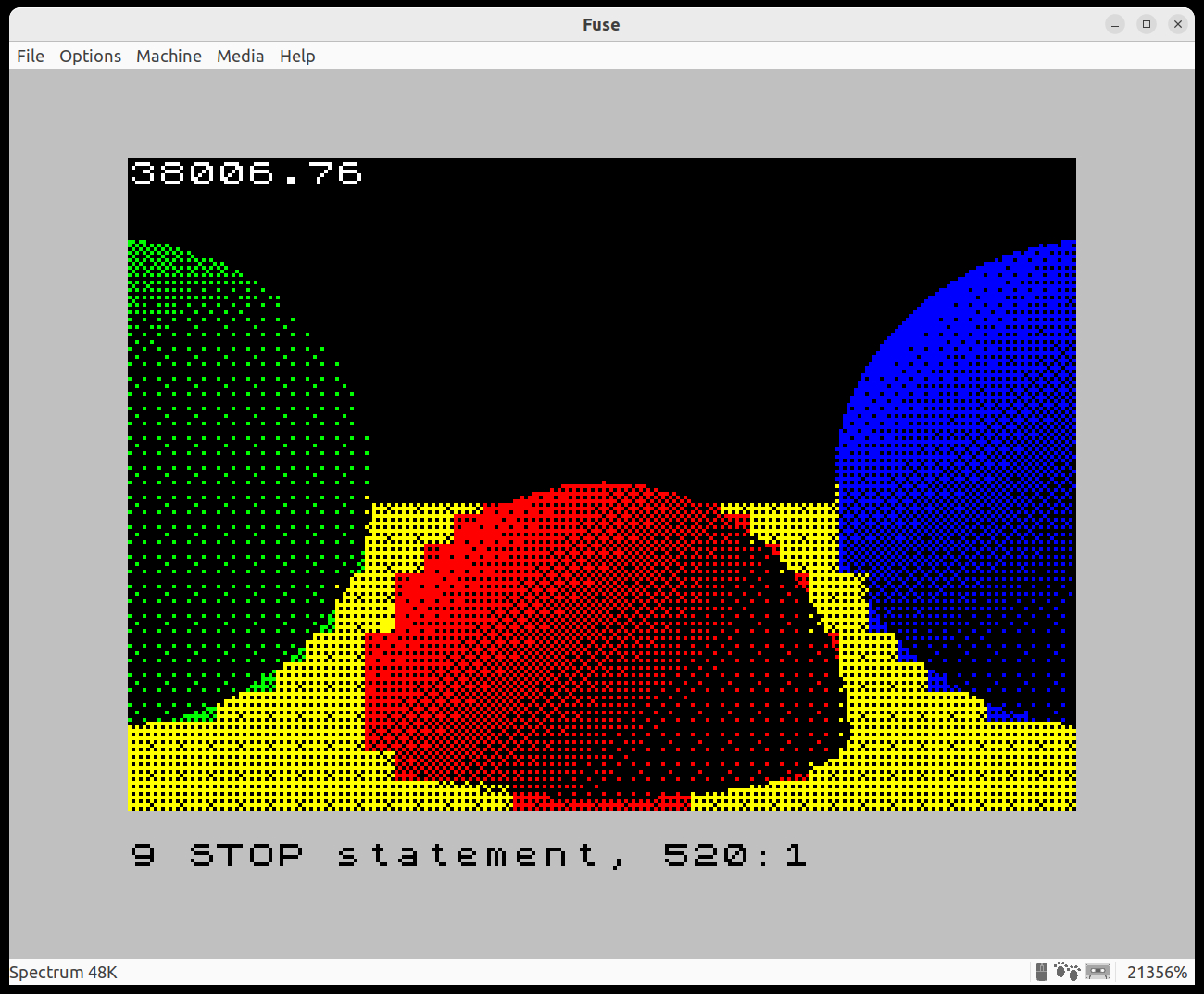 A ray-traced image on the ZX Spectrum showing dithering to created shaded colour.