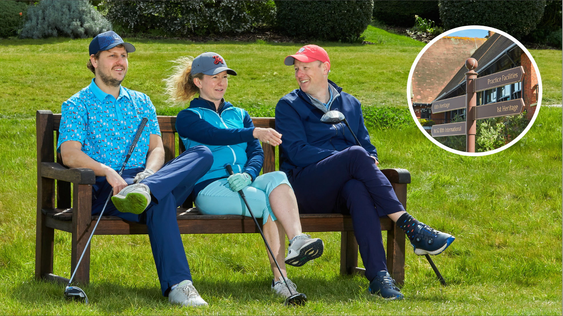 three golfers smiling on a bench with an inset of signage point in different directions indicating the choice you have when thinking about changing golf club