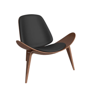 wooden mid century chair with u-shaped seat and black upholstered seat and back