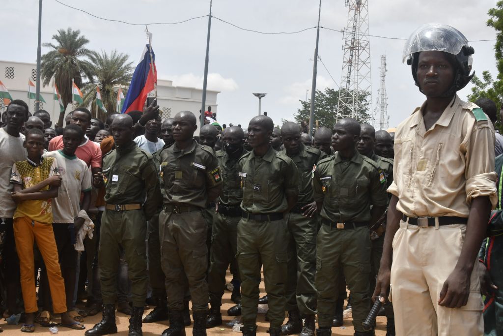Soldiers in a line during the coup in Niger.