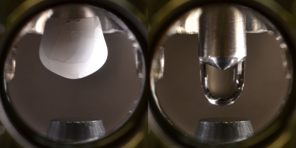 The ultra-pure icicle is pictured on the left, and the water droplet on the right.