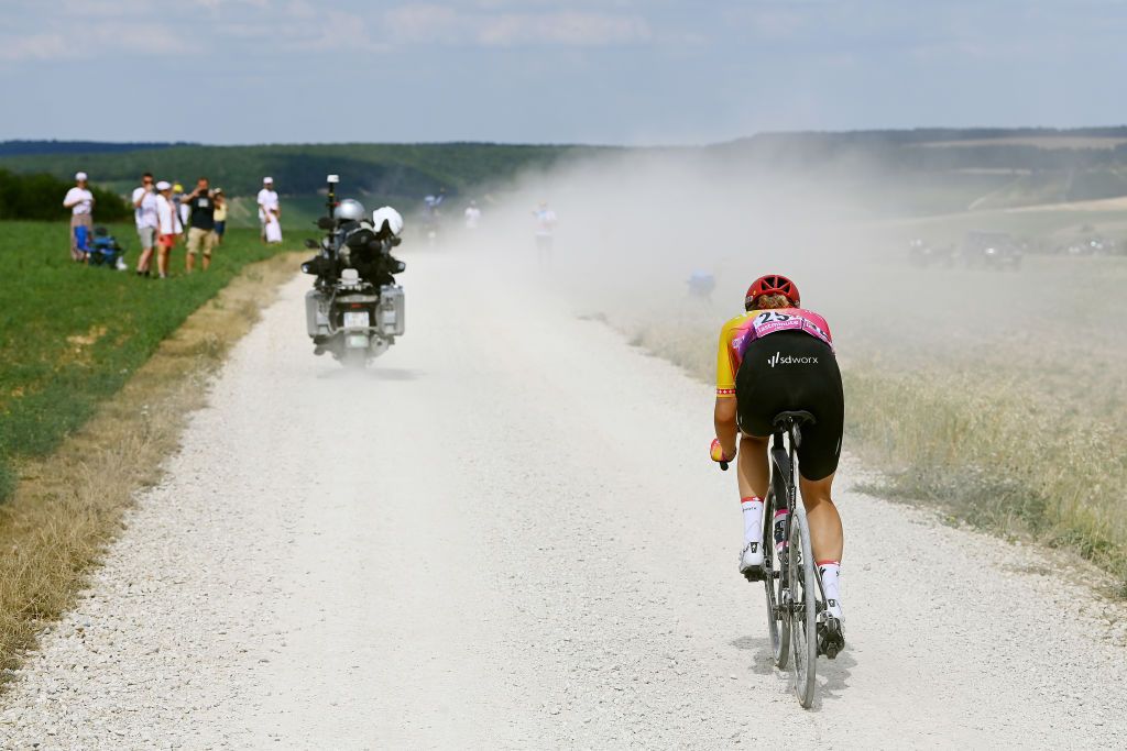 BARSURAUBE FRANCE JULY 27 Marlen Reusser of Switzerland and Team SD Worx competes through gravel roads during the 1st Tour de France Femmes 2022 Stage 4 a 1268km stage from Troyes to BarSurAube TDFF UCIWWT on July 27 2022 in BarsurAube France Photo by Tim de WaeleGetty Images