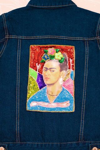 denim jacket with sequin Frida Kahlo image on the back