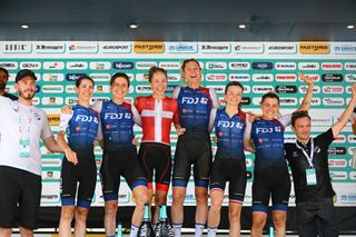 PADOVA ITALY JULY 10 A general view of Marta Cavalli of Italy Brodie Chapman of Australia Clara Copponi of France Emilia Fahlin of Sweden Evita Muzic of France Cecilie Uttrup Ludwig of Denmark and Team FDJ Nouvelle Aquitaine Futuroscope celebrates on the podium ceremony after the 33rd Giro dItalia Donne 2022 Stage 10 a 905km stage from Abano Terme to Padova GiroDonne UCIWWT on July 10 2022 in Padova Italy Photo by Dario BelingheriGetty Images