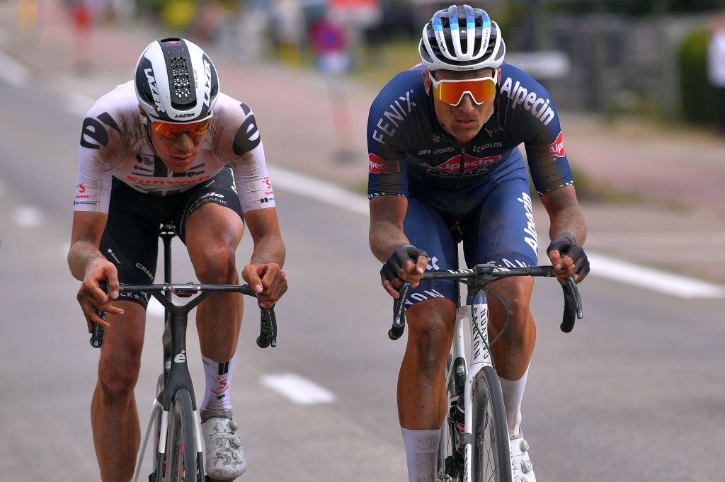 DIEST BELGIUM AUGUST 15 Max Kanter of Germany and Team Sunweb Jonas Rickaert of Belgium and Team AlpecinFenix during the 17th Dwars door het Hageland 2020 a 187km race from Aarschot to Diest DwarsdhHageland DDHH20 on August 15 2020 in Diest Belgium Photo by Luc ClaessenGetty Images