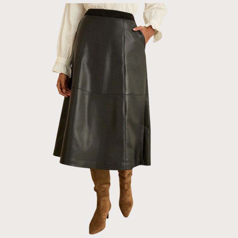 Love &amp;amp; Roses Black Faux Leather Fit and Flare Midi Skirt on model 