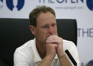 An emotional Mark Roe speaks after being disqualified from the 2003 Open Championship