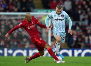 Liverpool midfielder Fabinho tackles West Ham's Jarrod Bowen