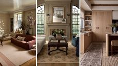 Three side-by-side rug lifestyle images depicting warm living spaces anchored by Loloi's designer rug collaboration assortment.