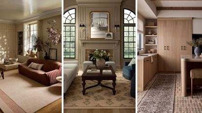 Three side-by-side rug lifestyle images depicting warm living spaces anchored by Loloi's designer rug collaboration assortment.