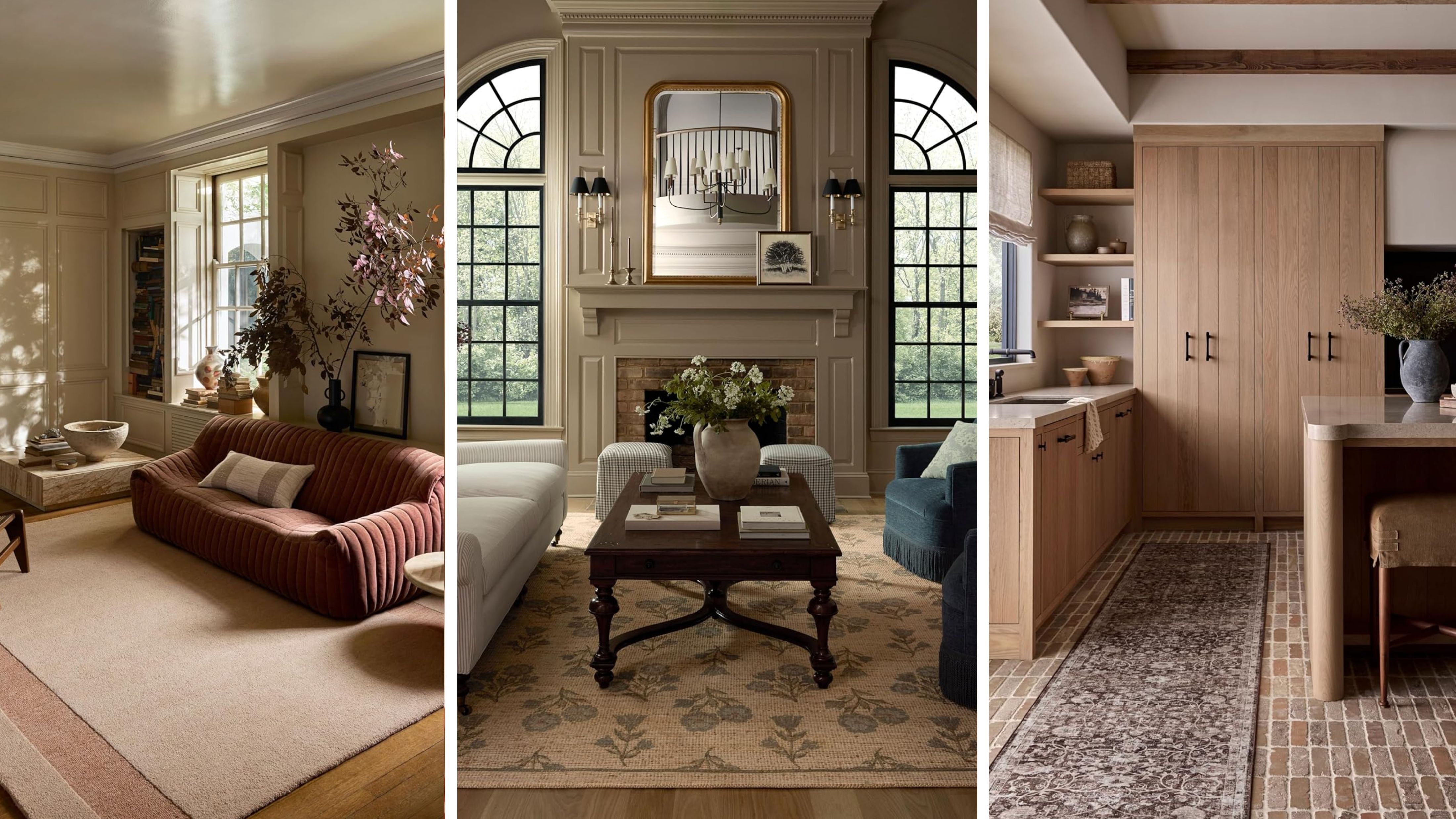 Three side-by-side rug lifestyle images depicting warm living spaces anchored by Loloi's designer rug collaboration assortment.