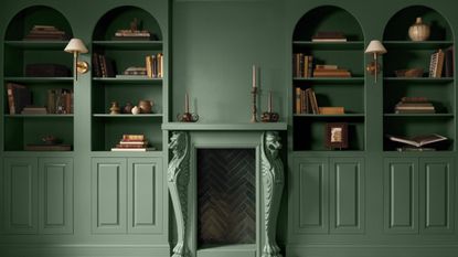 Benjamin Moore webster green on a wall with arched book cases and a fireplace