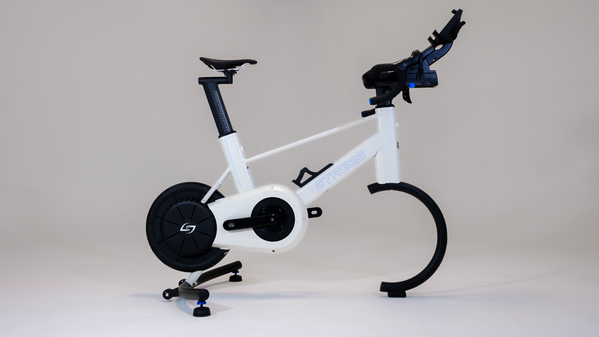 Side on shot, featuring the whole smart bike from Stages Cycling, the SB200