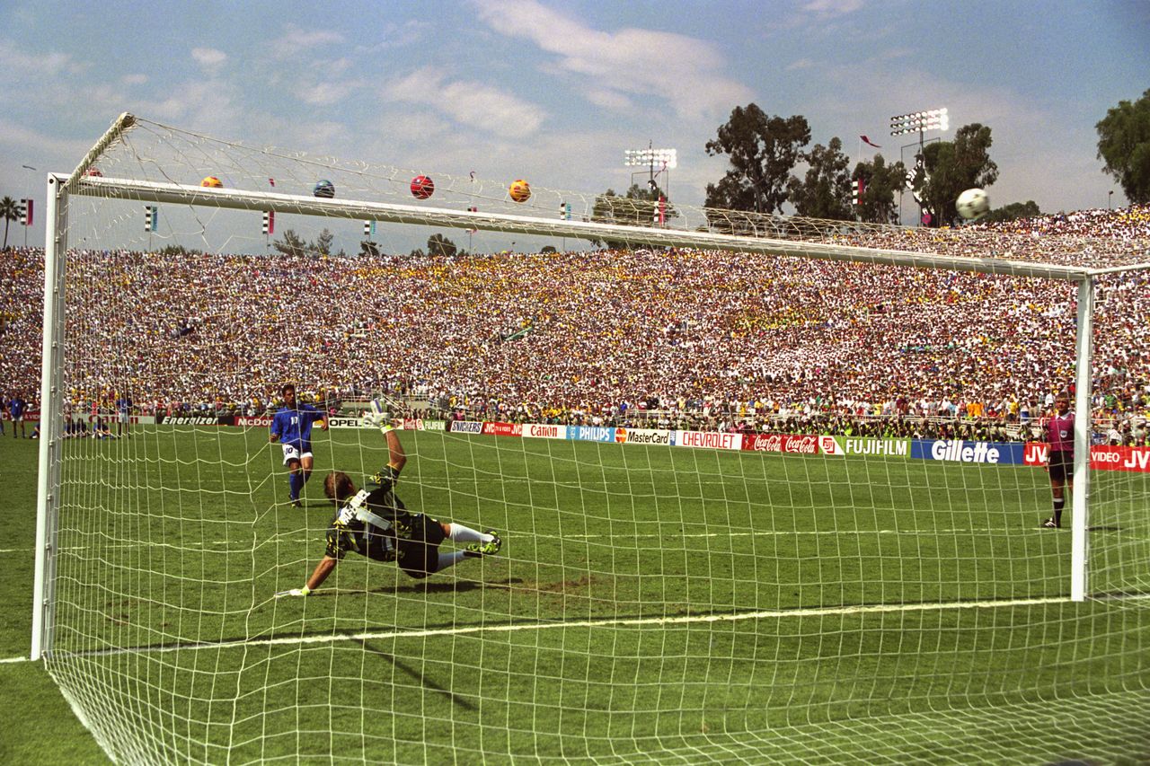 Roberto Baggio of Italy misses the decisive penalty against Brazil during the shootout in the 1994 World Cup final
