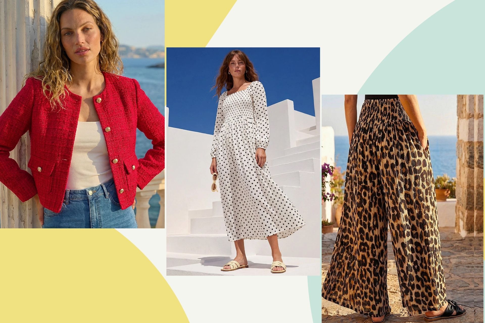 Collage of three outfits from the Roman collection featuring a red boucl&eacute; jacket, a spot print midi dress, and leopard print palazzo trousers, showcasing easy, versatile looks designed for all ages.