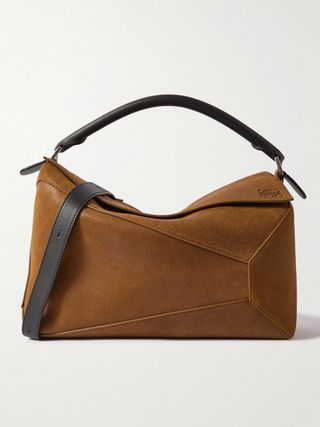 Puzzle Edge Large Leather-Trimmed Suede Shoulder Bag