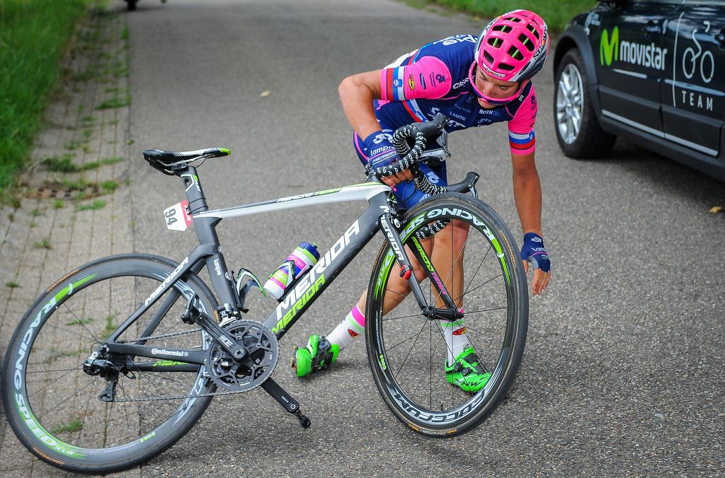 Luke Pibernik (Lampre-Merida) picks himself up after crashing