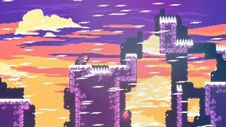 Madeline atop a tall purple tower in Celeste