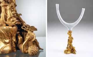 Left, a bronze crafted candle holder with various things sculpted into it. Right, a candle holder with a bronze crafted base and a curved candle.