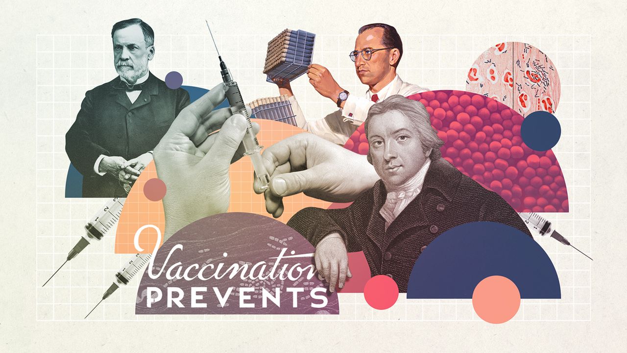 Illustration of Edward Jenner, Louis Pasteur, Edward Salk and macro detail of disease