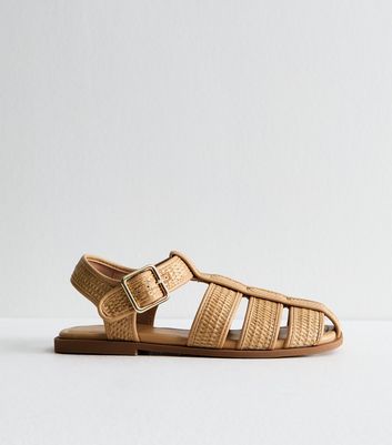 Brown Raffia Look Caged Strap Sandals