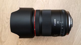 Canon RF35 f/1.4L VCM with the lens hood attached